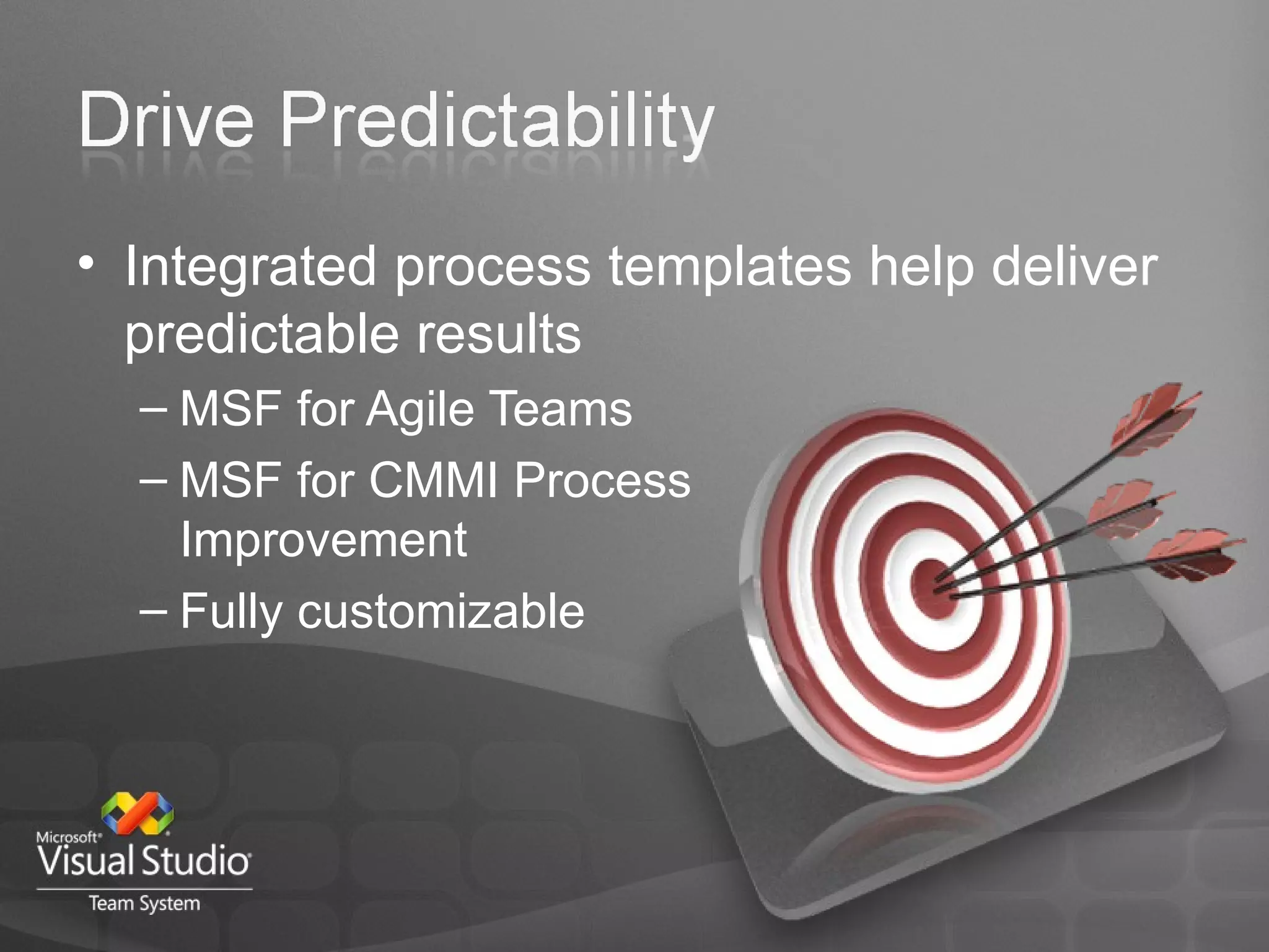 Integrated process templates help deliver predictable results MSF for Agile Teams MSF for CMMI Process  Improvement Fully customizable 