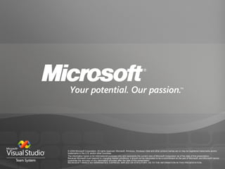 © 2006 Microsoft Corporation. All rights reserved. Microsoft, Windows, Windows Vista and other product names are or may be registered trademarks and/or trademarks in the U.S. and/or other countries. The information herein is for informational purposes only and represents the current view of Microsoft Corporation as of the date of this presentation.  Because Microsoft must respond to changing market conditions, it should not be interpreted to be a commitment on the part of Microsoft, and Microsoft cannot guarantee the accuracy of any information provided after the date of this presentation.  MICROSOFT MAKES NO WARRANTIES, EXPRESS, IMPLIED OR STATUTORY, AS TO THE INFORMATION IN THIS PRESENTATION. 