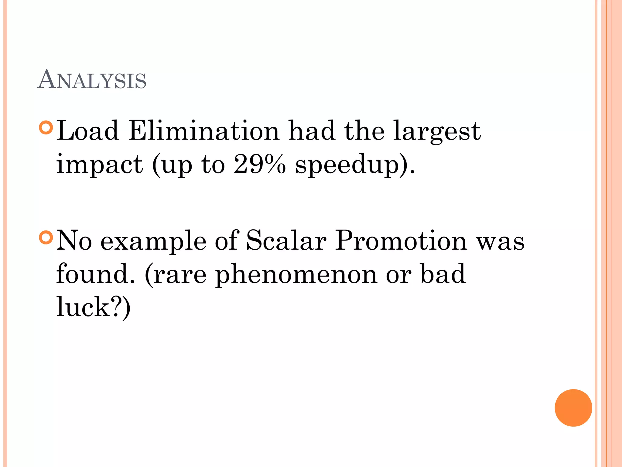ANALYSIS
 Load

Elimination had the largest
impact (up to 29% speedup).

 No

example of Scalar Promotion was
found. (rare phenomenon or bad
luck?)

 