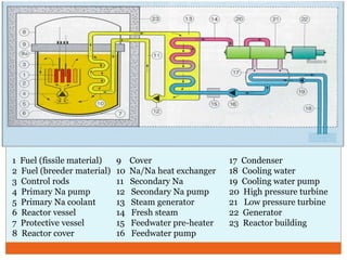 1 Fuel (fissile material)
2 Fuel (breeder material)
3 Control rods
4 Primary Na pump
5 Primary Na coolant
6 Reactor vessel
7 Protective vessel
8 Reactor cover
9 Cover
10 Na/Na heat exchanger
11 Secondary Na
12 Secondary Na pump
13 Steam generator
14 Fresh steam
15 Feedwater pre-heater
16 Feedwater pump
17 Condenser
18 Cooling water
19 Cooling water pump
20 High pressure turbine
21 Low pressure turbine
22 Generator
23 Reactor building
 