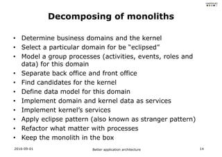 • Determine business domains and the kernel
• Select a particular domain for be “eclipsed”
• Model a group processes (activities, events, roles and
data) for this domain
• Separate back office and front office
• Find candidates for the kernel
• Define data model for this domain
• Implement domain and kernel data as services
• Implement kernel’s services
• Apply eclipse pattern (also known as stranger pattern)
• Refactor what matter with processes
• Keep the monolith in the box
2016-09-01 Better application architecture 14
Decomposing of monoliths
 