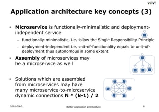 • Microservice is functionally-minimalistic and deployment-
independent service
– functionally-minimalistic, i.e. follow the Single Responsibility Principle
– deployment-independent i.e. unit-of-functionality equals to unit-of-
deployment thus autonomous in some extent
• Assembly of microservices may
be a microservice as well
• Solutions which are assembled
from microservices may have
many microservice-to-microservice
dynamic connections N * (N-1) / 2
2016-09-01 Better application architecture 6
Application architecture key concepts (3)
 