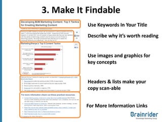 3. Make It Findable
           Use Keywords In Your Title

           Describe why it’s worth reading


           Use images and graphics for
           key concepts


           Headers & lists make your
           copy scan-able


          For More Information Links
 