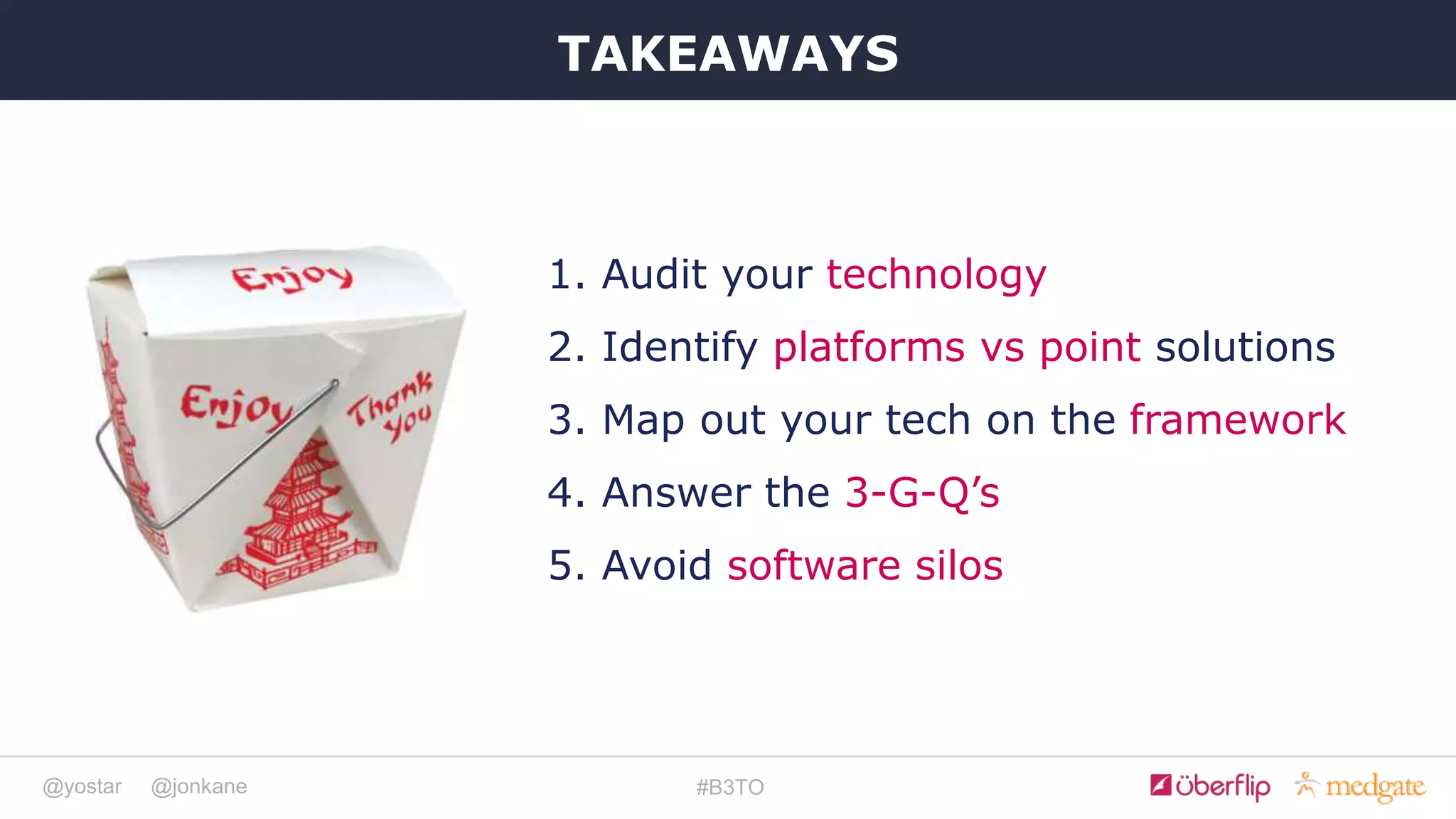 @yostar @jonkane #B3TO
1. Audit your technology
2. Identify platforms vs point solutions
3. Map out your tech on the framework
4. Answer the 3-G-Q’s
5. Avoid software silos
TAKEAWAYS
 