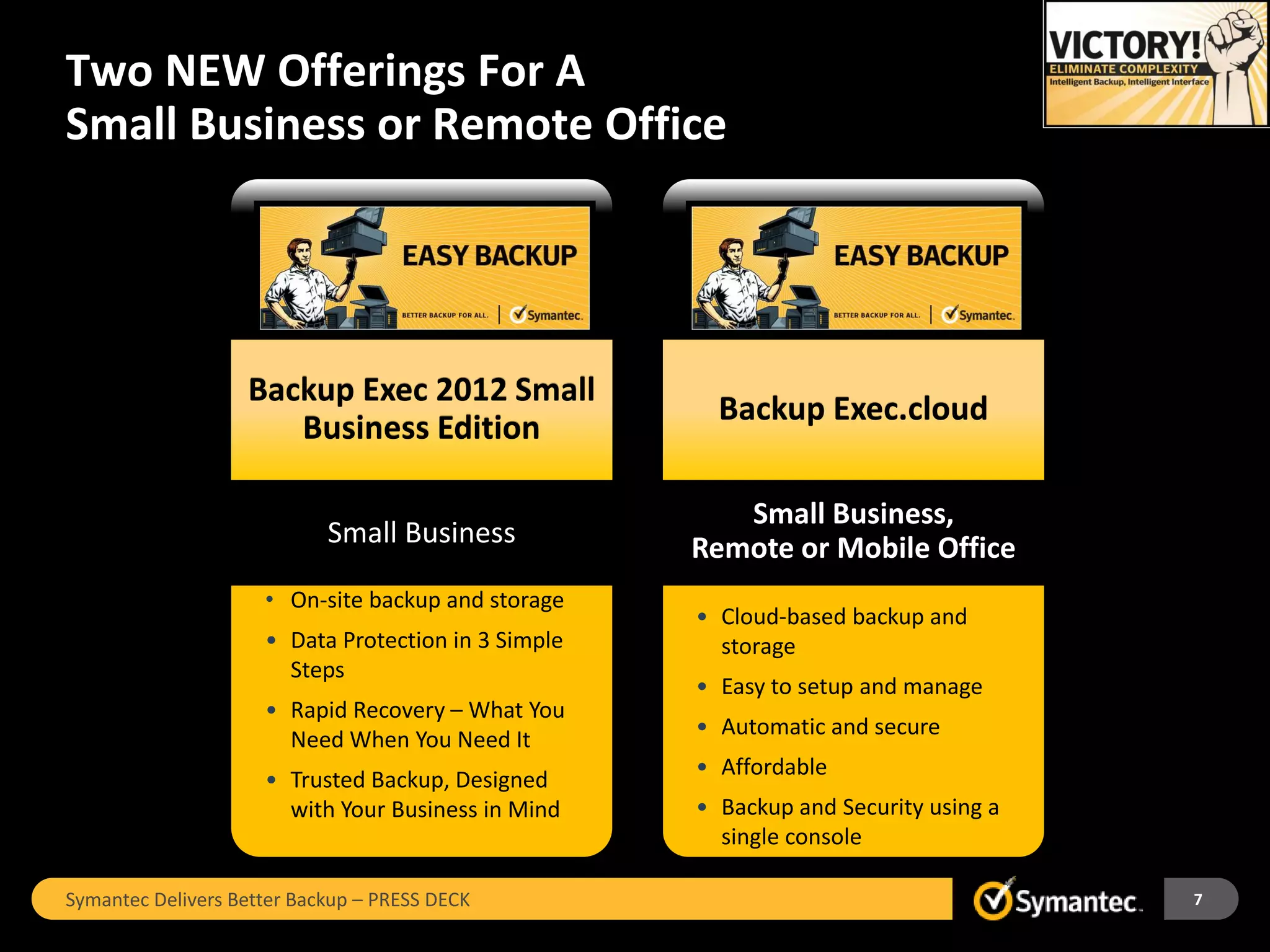 Two NEW Offerings For A
Small Business or Remote Office




                   Backup Exec 2012 Small
                                                       Backup Exec.cloud
                      Business Edition

                                                        Small Business,
                            Small Business           Remote or Mobile Office
                     • On-site backup and storage
                                                     • Cloud-based backup and
                     • Data Protection in 3 Simple     storage
                       Steps
                                                     • Easy to setup and manage
                     • Rapid Recovery – What You
                                                     • Automatic and secure
                       Need When You Need It
                                                     • Affordable
                     • Trusted Backup, Designed
                       with Your Business in Mind    • Backup and Security using a
                                                       single console

Symantec Delivers Better Backup – PRESS DECK                                         7
 