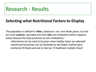 Research - Results
Selecting what Nutritional Factors to Display
The population is deficient in fiber, potassium, iron, and whole grains, but has
too much sodium, saturated and trans fats and cholesterol (which happens
easily because the body produces its own cholesterol).1
-Alternatives do not need to be given when healthy foods are selected2
-Nutritional hierarchies can be facilitated by the Delphi method (give
nutritionist 50 foods and ask to rate top 10 healthiest multiple times)3

 
