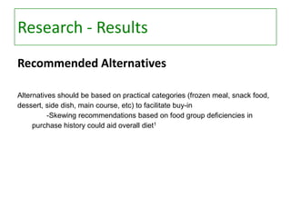 Research - Results
Recommended Alternatives
Alternatives should be based on practical categories (frozen meal, snack food,
dessert, side dish, main course, etc) to facilitate buy-in
-Skewing recommendations based on food group deficiencies in
purchase history could aid overall diet1

 