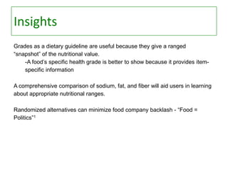 Insights
Grades as a dietary guideline are useful because they give a ranged
“snapshot” of the nutritional value.
-A food’s specific health grade is better to show because it provides itemspecific information
A comprehensive comparison of sodium, fat, and fiber will aid users in learning
about appropriate nutritional ranges.
Randomized alternatives can minimize food company backlash - “Food =
Politics”1

 