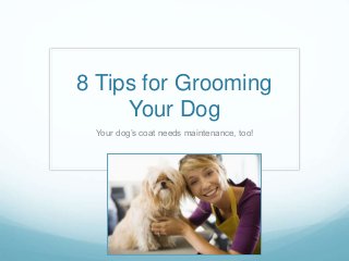 8 Tips for Grooming
Your Dog
Your dog’s coat needs maintenance, too!
 
