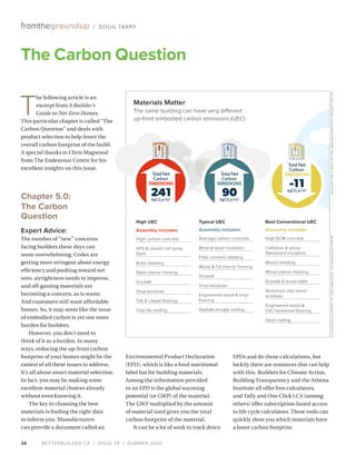 BETTERBUILDER.CA | ISSUE 34 | SUMMER 202034
fromthegroundup / DOUG TARRY
T
he following article is an
excerpt from A Builder’s
Guide to Net Zero Homes.
This particular chapter is called “The
Carbon Question” and deals with
product selection to help lower the
overall carbon footprint of the build.
A special thanks to Chris Magwood
from The Endeavour Centre for his
excellent insights on this issue.
Chapter 5.0:
The Carbon
Question
Expert Advice:
The number of “new” concerns
facing builders these days can
seem overwhelming. Codes are
getting more stringent about energy
efficiency and pushing toward net
zero, airtightness needs to improve,
and off-gassing materials are
becoming a concern, as is waste.
And customers still want affordable
homes. So, it may seem like the issue
of embodied carbon is yet one more
burden for builders.
However, you don’t need to
think of it as a burden. In many
ways, reducing the up-front carbon
footprint of your homes might be the
easiest of all these issues to address.
It’s all about smart material selection.
In fact, you may be making some
excellent material choices already
without even knowing it.
The key to choosing the best
materials is finding the right data
to inform you. Manufacturers
can provide a document called an
Environmental Product Declaration
(EPD), which is like a food nutritional
label but for building materials.
Among the information provided
in an EPD is the global warming
potential (or GWP) of the material.
The GWP multiplied by the amount
of material used gives you the total
carbon footprint of the material.
It can be a lot of work to track down
EPDs and do these calculations, but
luckily there are resources that can help
with this. Builders for Climate Action,
Building Transparency and the Athena
Institute all offer free calculators,
and Tally and One Click LCA (among
others) offer subscription-based access
to life cycle calculators. These tools can
quickly show you which materials have
a lower carbon footprint.
The Carbon Question
Materials Matter
The same building can have very different
up-front embodied carbon emissions (UEC)
High UEC
Assembly includes:
High carbon concrete
XPS  closed cell spray
foam
Brick cladding
Steel interior framing
Drywall
Vinyl windows
Tile  carpet flooring
Clay tile roofing
Typical UEC
Assembly includes:
Average carbon concrete
Mineral wool insulation
Fiber cement cladding
Wood  TJI interior framing
Drywall
Vinyl windows
Engineered wood  vinyl
flooring
Asphalt shingle roofing
Best Conventional UEC
Assembly includes:
High SCM concrete
Cellulose  wood
fiberboard insulation
Wood cladding
Wood interior framing
Drywall  wood walls
Aluminum clad wood
windows
Engineered wood 
FSC hardwood flooring
Steel roofing
ILLUSTRATIONCOURTESYOFCHRISMAGWOOD,THEENDEAVOURCENTREBUILDERSFORCLIMATEACTIONWWW.BUILDERSFORCLIMATEACTION.ORG
 