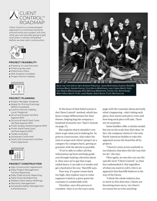 BETTERBUILDER.CA | ISSUE 39 | AUTUMN 2021
18
At the heart of that belief system is
the Client Control™ method, which has
been a major differentiator for Alair
Homes, helping bag the company a
boatload of awards (see “Alair’s Awards
on page 21).
She explains that it shouldn’t cost
more to get what you’re looking for. So
prior to construction, Alair takes the
time to scope each client’s project on a
category-by-category basis, getting as
granular with the details as possible.
“If we’re able to collect all that
information up front and help guide
you through making a decision about
it, then once we’ve got that scope
nailed down, I can take it to tender and
get a hard price for you,” Ratcliffe says.
That way, if a quote comes back
too high, they explore ways to value
engineer it back to a price point the
customer is comfortable with.
Therefore, once this process is
complete, Alair is on the exact same
page with the customer about precisely
what’s happening – who’s doing each
piece, how much each piece costs and
how long each piece will take. There
are no surprises.
Some builders offer a similar model,
but not on the scale that Alair does. In
fact, the company claims it’s the only
North American builder to take this
approach across the board for all its
projects.
“I haven’t come across anybody in
our industry that does this the way that
we do,” she says.
Then again, no one else can use the
specific term “Client Control,” as Alair
has trademarked it. But regardless
of what you want to call it, this is an
approach that Ratcliffe believes is the
way of the future.
“I think the whole industry has
to move in this direction. Clients are
becoming more savvy, [so] there’s
no reason for us to be anything
Back row, from left to right: Andrew Polischuk, Jamie Mckindsey, Evelynn Ratcliffe,
Andrew Black, Natalia Harhaj, Cory Norris (Markham), Jose Cajiao (North York),
Dan Wojcik (Mississauga), Nima Behrooz (Markham). Centre row: Amrit Singh,
Mike Fallico (North York), Leyla Rajabi, Adam Bryce. Front: Marissa Lee.
CLIENT
CONTROL™
ROADMAP
Client Control is a three phased
approach to maximize certainty
around what your project will cost,
what you are actually going to get,
and when it will be completed
before we ever start construction.
Project Manager Assigned
Ready for Pricing Drawings
(RPD) Completed
Conﬁrm Permit Viability:
Local / Regional
Structural Scopes Veriﬁed
Against RPD
Structural Hard Fixed Costs
Veriﬁed Against RPD
Finish Scopes Veriﬁed Against RPD
Finish Hard Fixed Costs
Veriﬁed Against RPD
Trades Awarded
Schedules Conﬁrmed
Total Cost Investment Veriﬁed:
Client Approved
Property or Land Secured
Financing Secured
Preliminary Plans
Risk Analysis Complete
Project Permit Viability
?
Sign Construction Agreement
Daily Project Management
Activity Reporting
Daily Trade Activity Reporting
Daily Financial Reporting
Weekly Client Status Meetings
Warranty Management
Scheduled Safety Management
 Maintenance
 