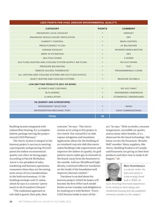 BETTERBUILDER.CA | ISSUE 43 | AUTUMN 2022
28
Building System integrated with
radiant floor heating. It’s a complete
holistic package moving the project
toward LEED Platinum.”
The Amvic system is integral to the
laneway project’s success in meeting
a prerequisite and garnering 18 LEED
points for indoor environmental
quality (see chart on facing page).
According to Patrick McMahon,
Amvic’s vice president of sales,
marketing and business operations,
consumers these days are becoming
more aware of two considerations
in the built environment: (1) the
building envelope and (2) radon,
which he says is a concern “pretty
much in all of southern Ontario.”
“The traditional approach to
sub-slab is gravel, then poly, then
concrete,” he says. “The Amvic
system we’re using in this project is
two-tiered. Our Amrad R12 in-slab
vapour mitigation and insulation
application allows for the building of
an insulated concrete slab that meets
radon Building Code requirements and
improves the indoor air quality. Its grid
pattern moves radon gas in channels in
the board, away from the basement to
the outside. And our SilveRboard high-
density, continual reflective insulation
on the inside of the foundation wall
improves thermal comfort.”
Davidson is excited about his
laneway project (which he hopes will
become the first of five such model
homes across Canada) and delighted to
be working on it with Barbini. “Every
LEED feature inside is state-of-the-
art,” he says. “With no drafts, constant
temperature, incredible air quality
and so many other benefits, it’s a
showcase for the latest technology. The
home carries the Panasonic ‘Breathe
Well’ moniker. Many suppliers, like
Amvic, Building Products of Canada
and Panasonic are giving us their best
products and their time to make it all
happen.” BB
Marc Huminilowycz
is a senior writer. He
lives and works in
a low-energy home
built in 2000. As
such, he brings first-hand experience
to his writing on technology and
residential housing and has published
numerous articles on the subject.
LEED POINTS FOR HVAC (INDOOR ENVIRONMENTAL QUALITY)
CATEGORY POINTS COMMENT
ENHANCED LOCAL EXHAUST 1 SWIDGET
ENHANCED WHOLE-HOUSE VENTILATION 1 ERV
HUMIDITY CONTROL 1 MAIN CONTROL
PREOCCUPANCY FLUSH 1 AT BALANCING
GARAGE EXHAUST 1 WHISPER GREEN MOTION
MERV 10 FILTRATION 1 ERV
MULTIPLE ZONES 1 4 ZONES
DUCTLESS HEATING AND COOLING SYSTEM (SUPPLY AIR FLOW) 1 NO DUCTWORK
PRESSURE BALANCING 1 TEST
REMOTE ACCESS THERMOSTAT 1 PROGRAMMABLE 3 ZONE
ALL HEATING AND COOLING SYSTEMS ARE DUCTLESS (STATIC) 1
QUIET HEATING AND COOLING SYSTEMS 1 MEASURE DECIBELS
LOW EMITTING PRODUCTS (90% OR MORE)
A) PAINTS AND COATINGS 1 NO VOC PAINT
B) FLOORING 1 ENGINEERED HARDWOOD
C) INSULATION 2 STONEWOOL GREENGUARD
EA (ENERGY AND ATMOSPHERE)
REFRIGERANT SELECTION 1 R410A
REFRIGERATION MECHANIC PORT 1 ASHP COMMISSIONING
TOTAL 18
 