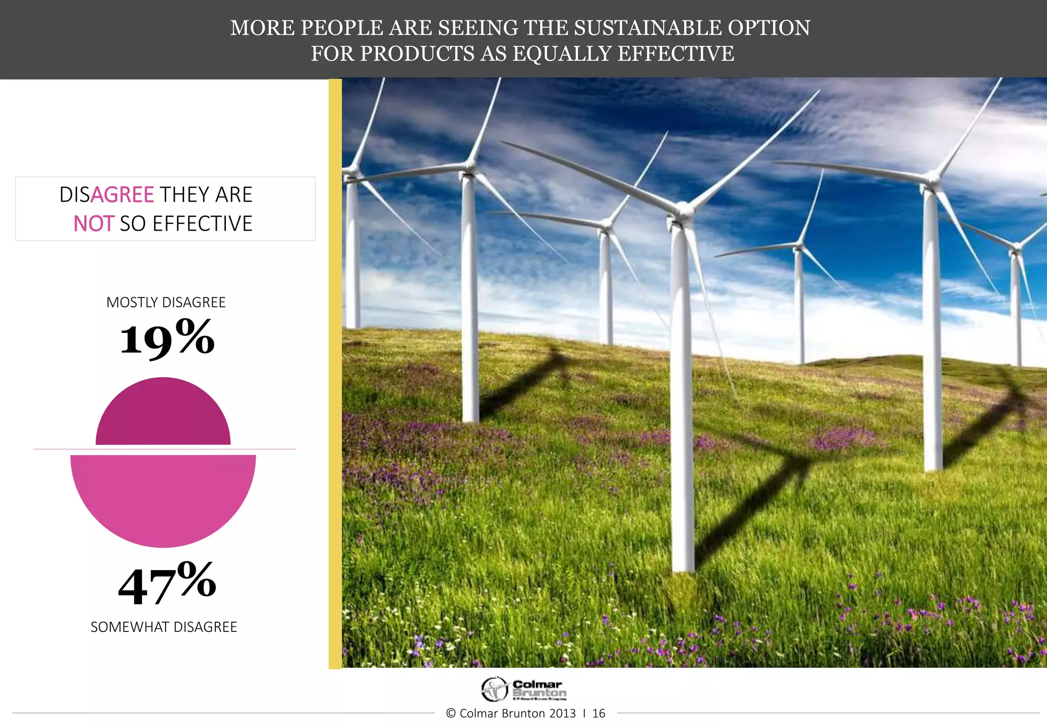 © Colmar Brunton 2013 I 16
MORE PEOPLE ARE SEEING THE SUSTAINABLE OPTION
FOR PRODUCTS AS EQUALLY EFFECTIVE
DISAGREE THEY ARE
NOT SO EFFECTIVE
19%
47%
MOSTLY DISAGREE
SOMEWHAT DISAGREE
 