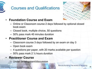 25 
© 2014 copyright of Training ByteSize unless otherwise stated. 
Courses and Qualifications 
•Foundation Course and Exam 
–Online or Classroom course 2 days followed by optional closed book exam 
–Closed book, multiple choice, 50 questions 
–50% pass mark 40 minutes duration 
•Practitioner Course and Exam 
–Classroom course 3 days followed by an exam on day 3 
–Open book exam 
–4 questions per paper, with 20 marks available per question 
–50% pass mark 2 ½ hours duration 
•Reviewer Course 
–Under development/discussion  