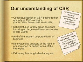 Our understanding of CSR
Conceptualisation of CSR begins rather
abruptly in 1950s America
(Carroll, 1999, Bowen 1953, Heald 1970)
Scholarship is largely cross sectional
focusing on large neo-liberal economies
of late C20th
And of the modern corporate form of
business
No systematic analysis of the roots of
phenomenon or earlier forms of the
strategies
Extremely few longitudinal analyses
 