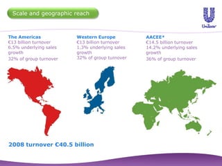 Scale and geographic reach



The Americas            Western Europe          AACEE*
€13 billion turnover    €13 billion turnover    €14.5 billion turnover
6.5% underlying sales   1.3% underlying sales   14.2% underlying sales
growth                  growth                  growth
32% of group turnover   32% of group turnover   36% of group turnover




2008 turnover €40.5 billion
 