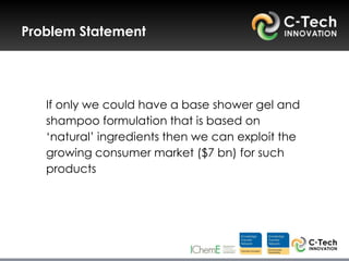 Problem Statement




   If only we could have a base shower gel and
   shampoo formulation that is based on
   „natural‟ ingredients then we can exploit the
   growing consumer market ($7 bn) for such
   products
 