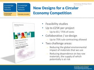 New Designs for a Circular
Economy Competition

     • Feasibility studies
     • Up to £25K per project
        – Up to 65 / 75% of costs
     • Collaborative / co-design
        – Up to 75% sub-contracting allowed
     • Two challenge areas:
        – Reducing the global environmental
          impact of materials that we use
        – Reducing dependence on key raw
          materials, the supply of which
          potentially is at risk

                                Knowledge Transfer Networks
                                Accelerating business innovation;
                                a Technology Strategy Board programme
 