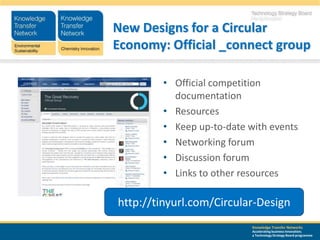 New Designs for a Circular
Economy: Official _connect group

        • Official competition
          documentation
        • Resources
        • Keep up-to-date with events
        • Networking forum
        • Discussion forum
        • Links to other resources

http://tinyurl.com/Circular-Design
                           Knowledge Transfer Networks
                           Accelerating business innovation;
                           a Technology Strategy Board programme
 