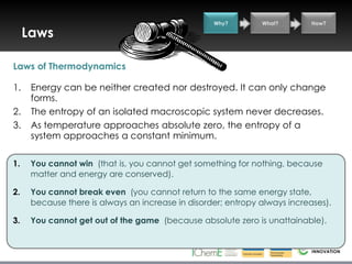 Why?        What?        How?

       Laws

  Laws of Thermodynamics

  1.    Energy can be neither created nor destroyed. It can only change
        forms.
  2.    The entropy of an isolated macroscopic system never decreases.
  3.    As temperature approaches absolute zero, the entropy of a
        system approaches a constant minimum.

  1.    You cannot win (that is, you cannot get something for nothing, because
        matter and energy are conserved).

  2.    You cannot break even (you cannot return to the same energy state,
        because there is always an increase in disorder; entropy always increases).

  3.    You cannot get out of the game (because absolute zero is unattainable).



C P Snow
 