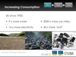 Why?     What?    How?

    Increasing Consumption

      UK since 1900:

      • 9 x more water                  • 2000 x more car miles

      • 16 x more electricity           • 40 x more „stuff‟




David Bott, Technology Strategy Board
 