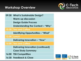 Workshop Overview

09:30 What is Sustainable Design?
      Warm-up discussion
      Design Guide Process
      Understanding the Context – “Why”
10:30 Tea and Coffee
      Identifying Opportunities – “What”
12:30 Lunch
      Delivering Innovation – “How”
15:00 Tea and Coffee
      Delivering Innovation (continued)
      Case Study Summary
16:00 TSB Competition
16:30 Feedback & Close
 