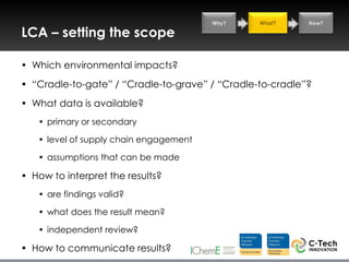 Why?     What?     How?

LCA – setting the scope

• Which environmental impacts?
• “Cradle-to-gate” / “Cradle-to-grave” / “Cradle-to-cradle”?
• What data is available?
   • primary or secondary

   • level of supply chain engagement

   • assumptions that can be made

• How to interpret the results?
   • are findings valid?

   • what does the result mean?

   • independent review?

• How to communicate results?
 