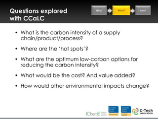 Questions explored               Why?     What?   How?


with CCaLC

 • What is the carbon intensity of a supply
   chain/product/process?
 • Where are the „hot spots‟?
 • What are the optimum low-carbon options for
   reducing the carbon intensity?
 • What would be the cost? And value added?
 • How would other environmental impacts change?
 