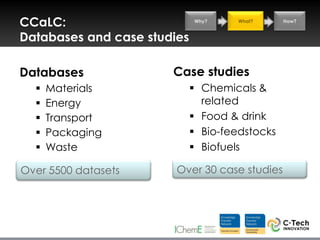 CCaLC:                       Why?     What?     How?


Databases and case studies

Databases              Case studies
     Materials               Chemicals &
     Energy                   related
     Transport               Food & drink
     Packaging               Bio-feedstocks
     Waste                   Biofuels

Over 5500 datasets      Over 30 case studies
 