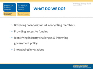 WHAT DO WE DO?


• Brokering collaborations & connecting members

• Providing access to funding

• Identifying industry challenges & informing
  government policy

• Showcasing innovations



                                                Knowledge Transfer Networks
                                                Accelerating business innovation;
                                                a Technology Strategy Board programme
 