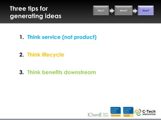 Three tips for                     Why?   What?   How?

generating ideas


  1. Think service (not product)


  2. Think lifecycle


  3. Think benefits downstream
 