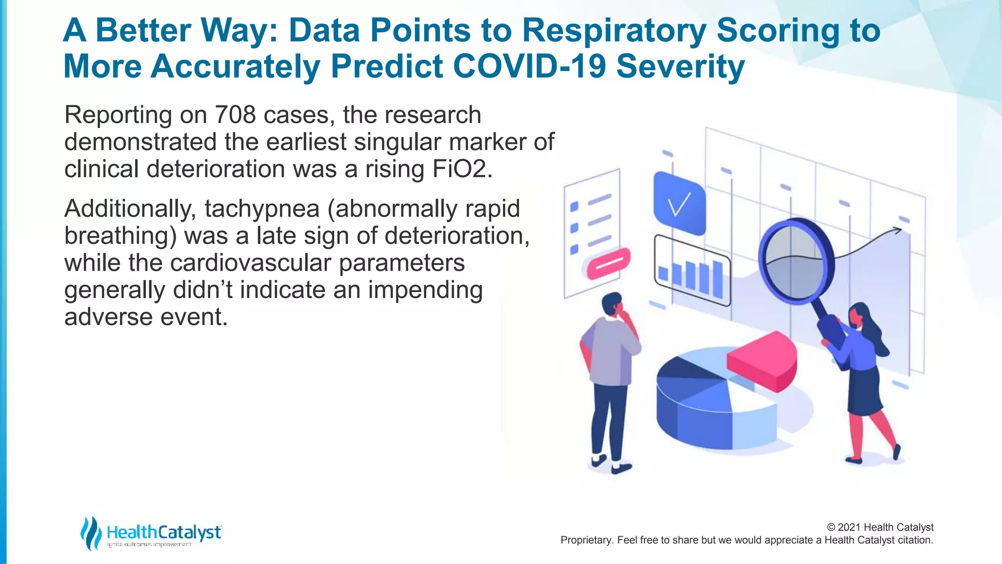 © 2021 Health Catalyst
Proprietary. Feel free to share but we would appreciate a Health Catalyst citation.
A Better Way: Data Points to Respiratory Scoring to
More Accurately Predict COVID-19 Severity
Reporting on 708 cases, the research
demonstrated the earliest singular marker of
clinical deterioration was a rising FiO2.
Additionally, tachypnea (abnormally rapid
breathing) was a late sign of deterioration,
while the cardiovascular parameters
generally didn’t indicate an impending
adverse event.
 