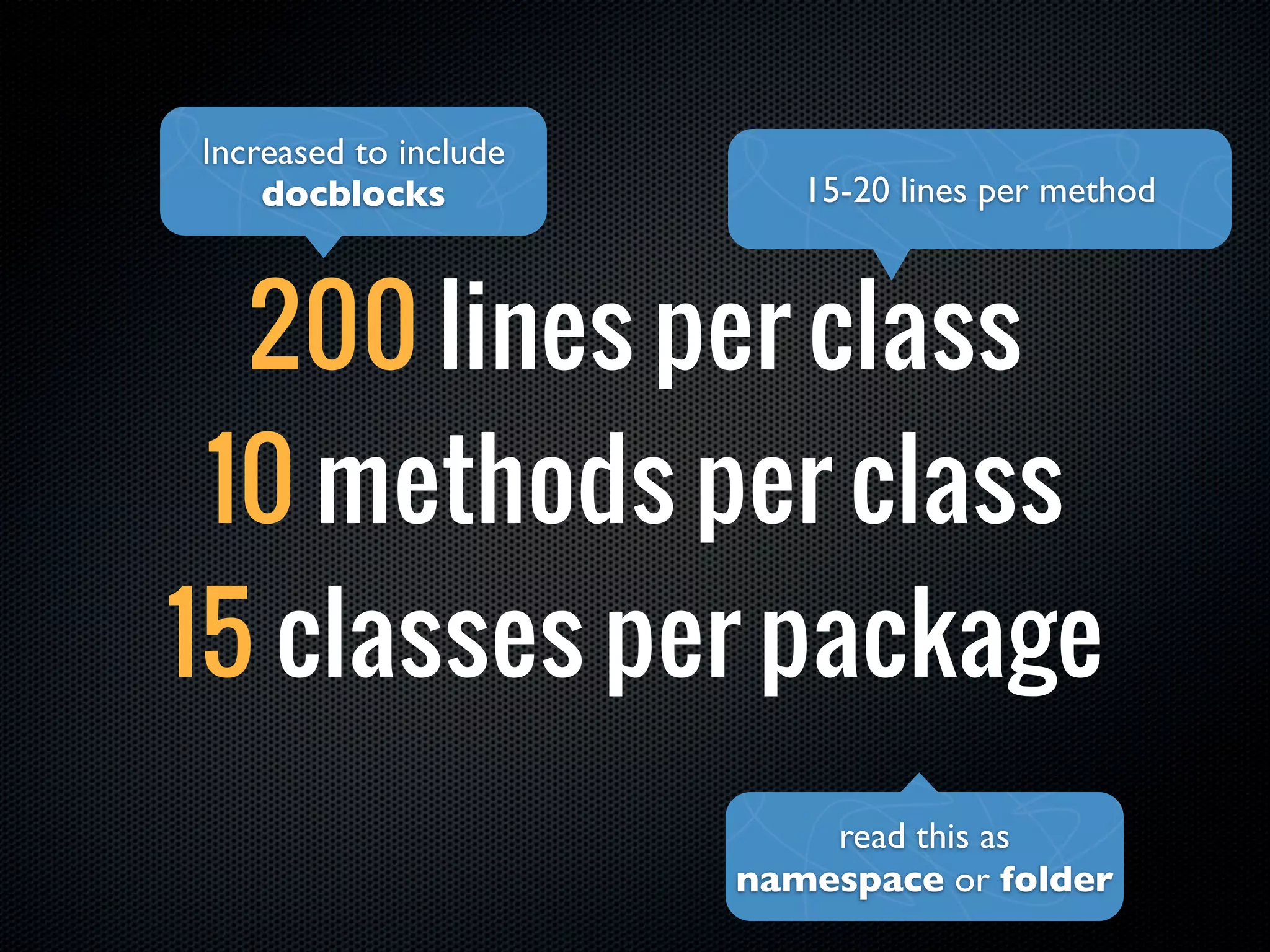 Increased to include
    docblocks             15-20 lines per method



  200 lines per class
 10 methods per class
15 classes per package
                           read this as
                       namespace or folder
 