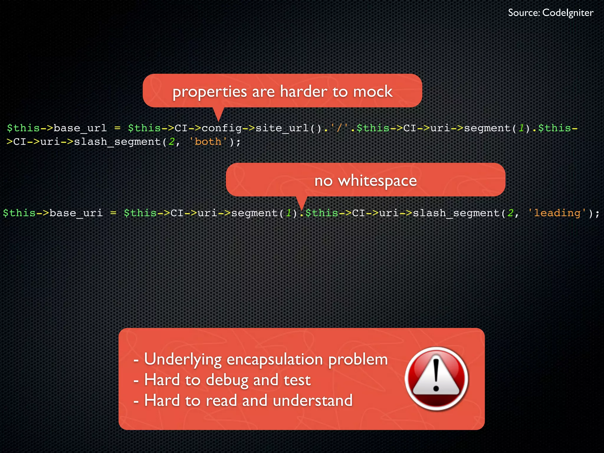 Source: CodeIgniter




                         properties are harder to mock
$this->base_url = $this->CI->config->site_url().'/'.$this->CI->uri->segment(1).$this-
>CI->uri->slash_segment(2, 'both');


                                              no whitespace
$this->base_uri = $this->CI->uri->segment(1).$this->CI->uri->slash_segment(2, 'leading');




                   - Underlying encapsulation problem
                   - Hard to debug and test
                   - Hard to read and understand
 