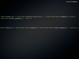 Source: CodeIgniter




$this->base_url = $this->CI->config->site_url().'/'.$this->CI->uri->segment(1).$this-
>CI->uri->sl...