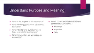 Understand Purpose and Meaning
 What is the purpose of this experience?
 What meaning(s) should we be seeking
to enable?
 What “shocks” and “surprises” do we
hope to create for our learners?
 What communities are we seeking to
connect to?
 WHAT DO WE HOPE LEARNERS WILL
LEARN AND EXPERIENCE?
 Knowledge
 Capabilities
 Skills
 