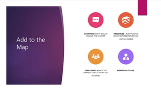 Add to the
Map
ACTIVITIES WHICH WOULD
ENGAGE THE LEARNER
RESOURCES – ALWAYS OPEN
EDUCATION RESOURCES AND
EASY ACCESSIBLE
CHALLENGES WHICH THE
LEARNERS COULD UNDERTAKE
IN TEAMS
INDIVIDUAL TASKS..
 