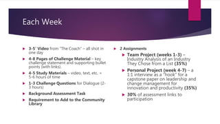 Each Week
 3-5’ Video from “The Coach” – all shot in
one day
 4-8 Pages of Challenge Material – key
challenge statement and supporting bullet
points (with links).
 4-5 Study Materials – video, text, etc. =
5-6 hours of time
 1-3 Challenge Questions for Dialogue (2-
3 hours)
 Background Assessment Task
 Requirement to Add to the Community
Library
 2 Assignments
 Team Project (weeks 1-3) –
Industry Analysis of an Industry
They Chose from a List (35%)
 Personal Project (week 4-7) – a
1:1 interview as a “hook” for a
capstone paper on leadership and
change management for
innovation and productivity (35%)
 30% of assessment links to
participation
 