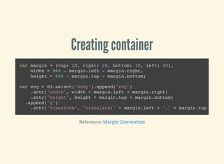 Creating container
var margin = {top: 20, right: 20, bottom: 30, left: 40},
width = 960 - margin.left - margin.right,
height = 500 - margin.top - margin.bottom;
var svg = d3.select("body").append("svg")
.attr("width", width + margin.left + margin.right)
.attr("height", height + margin.top + margin.bottom)
.append("g")
.attr("transform", "translate(" + margin.left + "," + margin.top +
Reference: Margin Convention
 