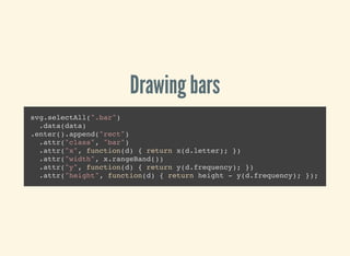 Drawing bars
svg.selectAll(".bar")
.data(data)
.enter().append("rect")
.attr("class", "bar")
.attr("x", function(d) { return x(d.letter); })
.attr("width", x.rangeBand())
.attr("y", function(d) { return y(d.frequency); })
.attr("height", function(d) { return height - y(d.frequency); });
 
