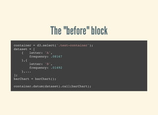 The "before" block
container = d3.select('.test-container');
dataset = [
{ letter: 'A',
frequency: .08167
},{
letter: 'B',
frequency: .01492
},...
];
barChart = barChart();
container.datum(dataset).call(barChart);
 