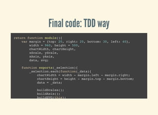 Final code: TDD way
return function module(){
var margin = {top: 20, right: 20, bottom: 30, left: 40},
width = 960, height = 500,
chartWidth, chartHeight,
xScale, yScale,
xAxis, yAxis,
data, svg;
function exports(_selection){
_selection.each(function(_data){
chartWidth = width - margin.left - margin.right;
chartHeight = height - margin.top - margin.bottom;
data = _data;
buildScales();
buildAxis();
buildSVG(this);
drawBars();
 