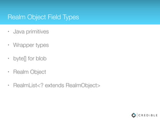 Query Conditions
• between, greaterThan, lessThan,  
greaterThanOrEqualTo & lessThanOrEqualTo
• equalTo, notEqualTo, in, not & distinct
• contains, beginsWith & endsWith
• isNull & isNotNull
• isEmpty & isNotEmpty
 