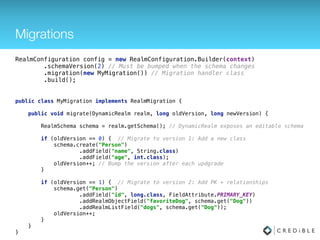ListAdapter & Recycler Adapters
dependencies {
compile ‘io.realm:android-adapters:1.4.0'
}
MyRecyclerViewAdapter extends RealmRecyclerViewAdapter<Promotion, MyRecyclerViewAdapter.ViewHolder> { 
 
private final MyActivity activity; 
 
public RealmRecyclerViewAdapter(@NonNull MyActivity activity, @Nullable OrderedRealmCollection<Lyric> lyrics)
{ 
super(promoListActivity, lyrics, true); 
this.activity = activity; 
} 
 
@Override 
public ViewHolder onCreateViewHolder(ViewGroup parent, int viewType) { 
View view = LayoutInflater.from(parent.getContext()) 
.inflate(R.layout.lyric_list_item, parent, false); 
return new ViewHolder(view); 
} 
 
@Override 
public void onBindViewHolder(final ViewHolder holder, int position) { 
Lyric lyric = getData().get(position); 
holder.lyrcTextView.setText(lyric.getLyricText());
holder.lyricId = lyric.getId()); 
} 
 
public class ViewHolder extends RecyclerView.ViewHolder { 
public TextView titleView; 
public String promotionId; 
 
public ViewHolder(View view) { 
super(view); 
lyricTextView = (TextView) view.findViewById(R.id.lyric_itle); 
} 
}
 