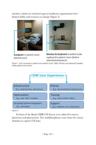 interface, which are technical aspects healthcare organizations have
limited ability and resources to change (Figure 2).


Figure 1. Left: computer in patient room behind couch. Right: Monitor and keyboard installed
inside patient room closet.


Figure 2.
Versions of the Baylor EHR UX Survey were tailored to nurses,
physicians and pharmacists. The multidisciplinary team chose ﬁve survey
domains to capture UX data:
~ Page ! ~153
 
