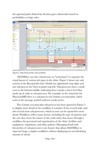 the optional paths deﬁned by decision gates (diamonds) based on
probabilities or logic rules.


Figure 2. High-level primary care workﬂow.
MATHﬂow uses the colored rows as "swim-lanes" to organize the
visual layout of various job types in the clinic. Figure 2 shows one task
activity in the Receptionist lane Schedule new appointments (top right) and
one sub-process for Check-in patient (top left). Sub-processes have a small
cross at the bottom-middle, indicating they contain a lower level ﬂow
made up of tasks or sub-processes. For example, in the swim-lane for
PhysicianMD there is a sub-process for Continue assessment-plan, which
waits at the message symbol until test results arrive.
The Continue assessment-plan sub-process has been opened in Figure 3
to display more detail of the workﬂow it contains. It has several tasks, and
also several more sub-processes, which in turn can be opened for more
detail. Workﬂows reﬂect many factors, including the type of patients and
the care they need, the nature of the work entity that moves through a
workﬂow, the personnel and organization of the clinic, facilities and
equipment, regulations, and clinic policies. Managing detail with
hierarchies of sub-processes is one feature that allows MATHﬂow to
represent large, complex workﬂows without displaying an overwhelming
amount of detail.
~ Page ! ~168
 