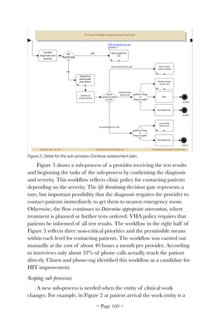 Figure 3: Detail for the sub-process Continue assessment plan.
Figure 3 shows a sub-process of a provider receiving the test results
and beginning the tasks of the sub-process by conﬁrming the diagnosis
and severity. This workﬂow reﬂects clinic policy for contacting patients
depending on the severity. The life threatening decision gate represents a
rare, but important possibility that the diagnosis requires the provider to
contact patients immediately to get them to nearest emergency room.
Otherwise, the ﬂow continues to Determine appropriate intervention, where
treatment is planned or further tests ordered. VHA policy requires that
patients be informed of all test results. The workﬂow in the right half of
Figure 3 reﬂects three non-critical priorities and the permissible means
within each level for contacting patients. The workﬂow was carried out
manually at the cost of about 40 hours a month per provider. According
to interviews only about 33% of phone calls actually reach the patient
directly. Churn and phone-tag identiﬁed this workﬂow as a candidate for
HIT improvement.
Scoping sub-processes
A new sub-process is needed when the entity of clinical work
changes. For example, in Figure 2 at patient arrival the work entity is a
~ Page ! ~169
 