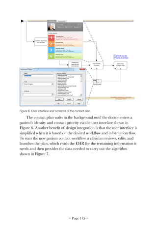 Figure 6. User interface and contents of the contact plan.
The contact plan waits in the background until the doctor enters a
patient's identity and contact priority via the user interface shown in
Figure 6. Another beneﬁt of design integration is that the user interface is
simpliﬁed when it is based on the desired workﬂow and information ﬂow.
To start the new patient contact workﬂow a clinician reviews, edits, and
launches the plan, which reads the EHR for the remaining information it
needs and then provides the data needed to carry out the algorithm
shown in Figure 7.
~ Page ! ~175
 