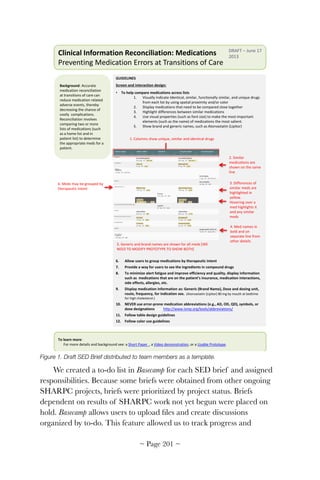 Figure 1. Draft SED Brief distributed to team members as a template.
We created a to-do list in Basecamp for each SED brief and assigned
responsibilities. Because some briefs were obtained from other ongoing
SHARPC projects, briefs were prioritized by project status. Briefs
dependent on results of SHARPC work not yet begun were placed on
hold. Basecamp allows users to upload ﬁles and create discussions
organized by to-do. This feature allowed us to track progress and
Clinical Information Reconciliation: Medications
Preventing Medication Errors at Transitions of Care
To learn more:
For more details and background see: a Short Paper , a Video demonstration, or a Usable Prototype.
Background: Accurate
medication reconciliation
at transitions of care can
reduce medication related
adverse events, thereby
decreasing the chance of
costly complications.
Reconciliation involves
comparing two or more
lists of medications (such
as a home list and in
patient list) to determine
the appropriate meds for a
patient.
GUIDELINES
Screen and interaction design:
• To help compare medications across lists
1. Visually indicate Identical, similar, functionally similar, and unique drugs
from each list by using spatial proximity and/or color
2. Display medications that need to be compared close together
3. Highlight differences between similar medications
4. Use visual properties (such as font size) to make the most important
elements (such as the name) of medications the most salient.
5. Show brand and generic names, such as Atorvastatin (Lipitor)
6. Allow users to group medications by therapeutic intent
7. Provide a way for users to see the ingredients in compound drugs
8. To minimize alert fatigue and improve efficiency and quality, display information
such as medications that are on the patient’s insurance, medication interactions,
side effects, allergies, etc.
9. Display medication information as: Generic (Brand Name), Dose and dosing unit,
route, frequency, for indication xxx. (Atorvastatin (Lipitor) 80 mg by mouth at bedtime
for high cholesterol.)
10. NEVER use error-prone medication abbreviations (e.g., AD, OD, QD), symbols, or
dose designations (see http://www.ismp.org/tools/abbreviations/)
11. Follow table design guidelines
12. Follow color use guidelines
DRAFT – June 17
2013
6. Meds may be grouped by
therapeutic intent
1. Columns show unique, similar and identical drugs
2. Similar
medications are
shown on the same
line
3. Differences of
similar meds are
highlighted in
yellow.
Hovering over a
med highlights it
and any similar
meds
4. Med names in
bold and on
separate line from
other details
5. Generic and brand names are shown for all meds [WE
NEED TO MODIFY PROTOTYPE TO SHOW BOTH]
~ Page ! ~201
 