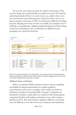 To reconcile, users drag rows from the top list to the bottom. They
can also change their mind and slide reconciled rows back. We found the
method particularly effective on touch screens (e.g., tablets) where users
are accustomed to tap and drag gestures. Drag rows with a mouse was
slower and more error prone on PCs, becoming more difﬁcult reconciling
long lists. Merging more than two lists was possible, but multiple levels of
similarity were problematic. Simply grouping all drugs lost details of drug
connections. Grouping by class or indication was difﬁcult because
groupings were repeated in both lists.


Figure 9: An alternate design of two stacked lists, unreconciled at top and reconciled below.
Drugs are grouped by similarity. Color indicates type of similarity. Dragging rows from one list
to the other indicates which drugs are to be kept.
Additional design considerations
When to use animation? While animation has been shown compelling
and helpful revealing transformations in complex graphical
representations (such as trees or graphs), other studies cast doubt on
animation's usefulness in learning [230]. To gauge if animation was
beneﬁcial in TwinList, a pilot study was conducted with 20 participants
comparing TwinList with multistep animation versus a direct jump to
ﬁnal layout [231]. The study found no signiﬁcant difference in training
time, but differences were observed in user comments and clariﬁcation
~ Page ! ~235
 